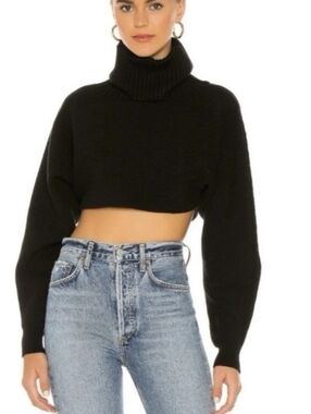 House Of Harlow 1960 Ribbed Crop Turtleneck Sweater In Black Size Medium